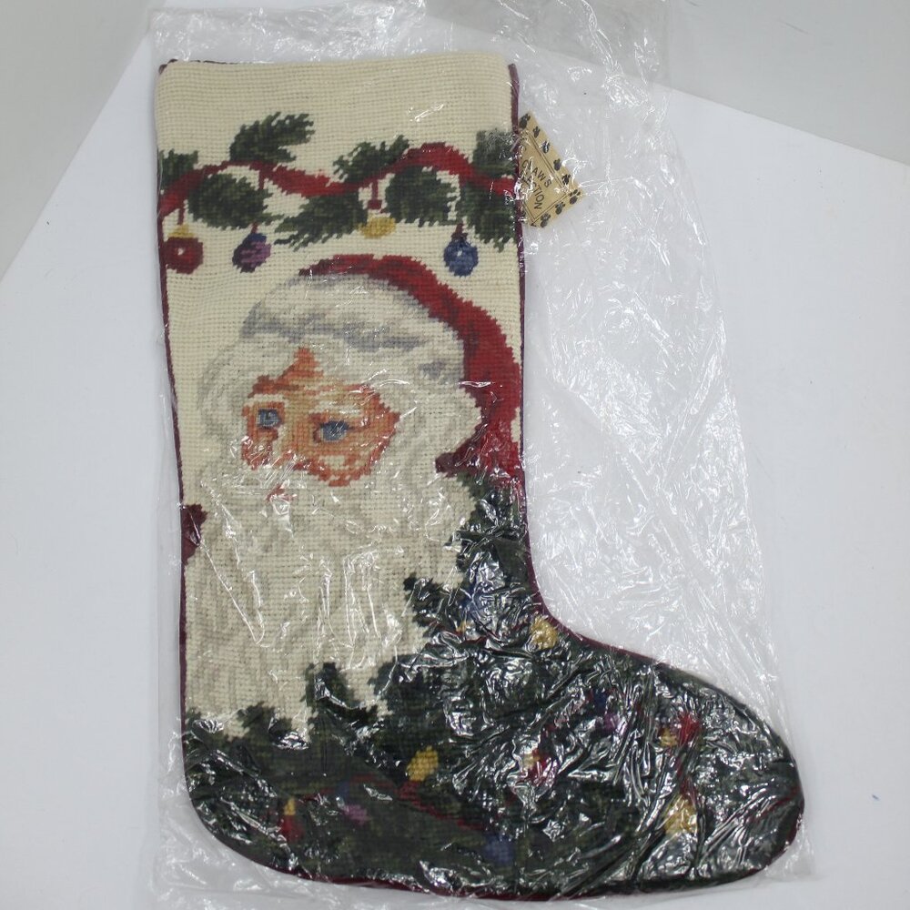 Christmas Santa Claus Needlepoint Front with Red Velvet Backing Stocking NEW!